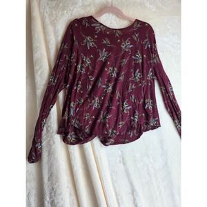Free People Burgundy Floral Twist Front Long Sleeve Top Women's Size L
